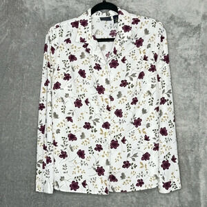 Laura Scott 10 Medium Shirt Top White Floral Long Sleeve V Neck Button Up Women